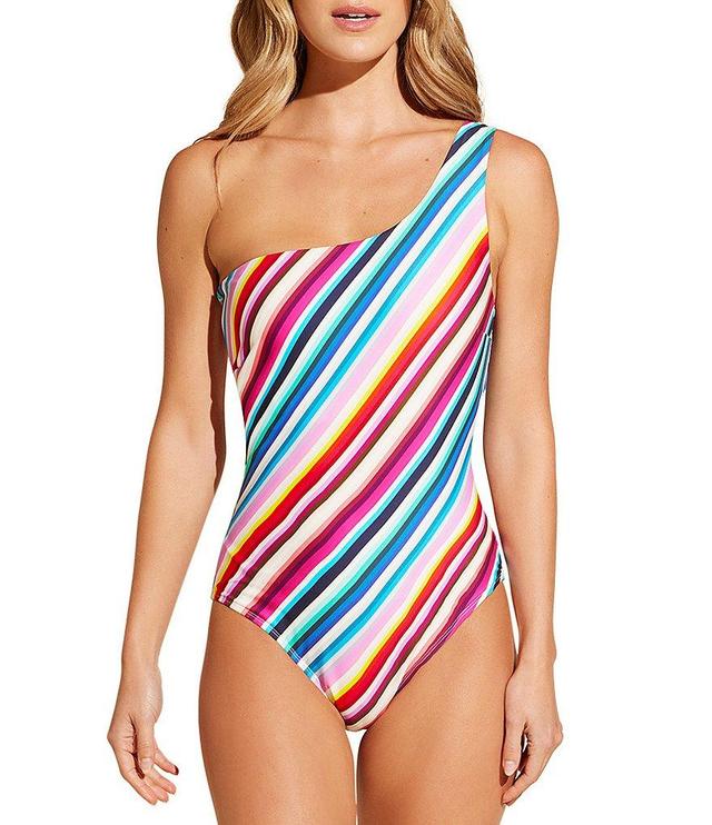 STYLEST Sculpting One Shoulder Striped One Piece Swimsuit Product Image