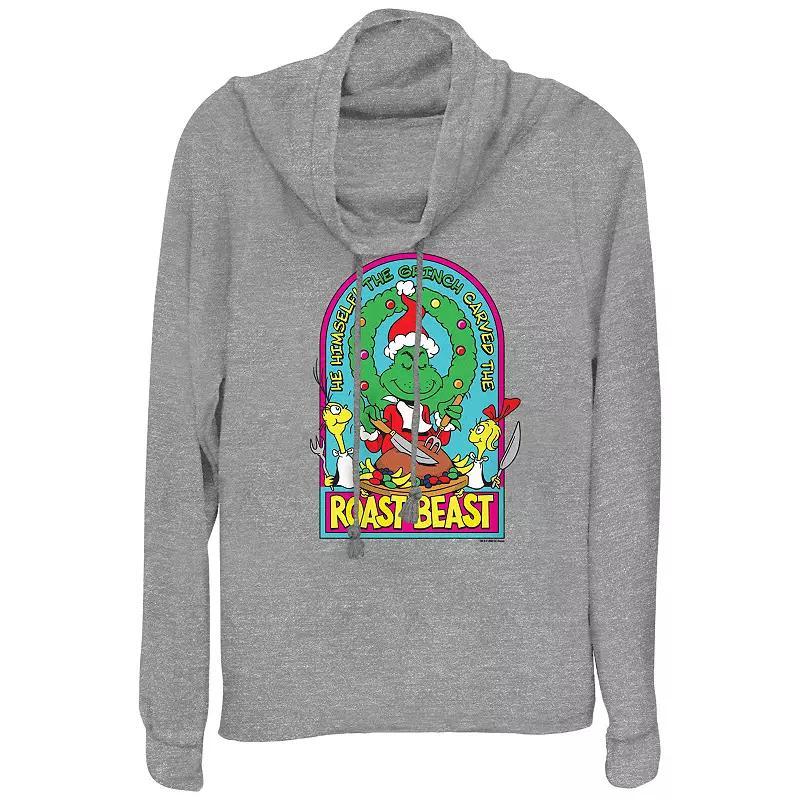 Womens Dr. Seuss Grinch Roast Beast Cowlneck Graphic Lightweight Long Sleeve Gray Grey Product Image