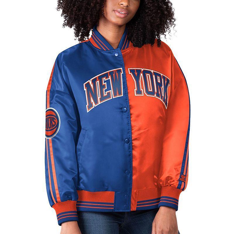 Womens Starter /Orange New York Knicks Split Colorblock Satin Full-Snap Varsity Jacket Product Image