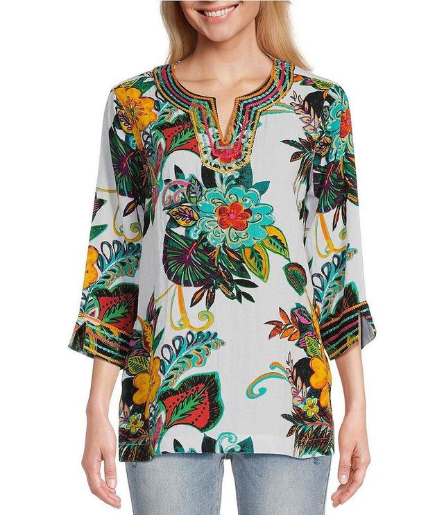 John Mark Embroidered Tropical Floral Print Round Split Neck 3/4 Sleeve Tunic Product Image