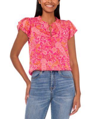 CeCe Womens Tie-Front Printed Flutter-Sleeve Top Product Image