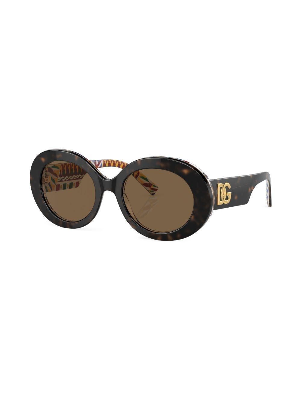 DOLCE & GABBANA Carretto-print Round-frame Sunglasses In Braun Product Image