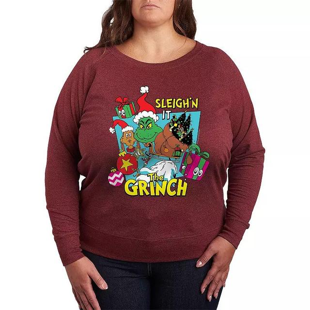 Plus Size Dr. Seuss The Grinch Sleighn It Lightweight French Terry Sweatshirt, Womens Grey Dark Red Product Image