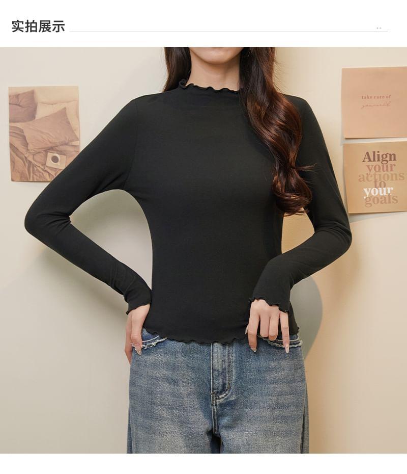 Long Sleeve Mock Neck Plain Lettuce Edge Top Product Image