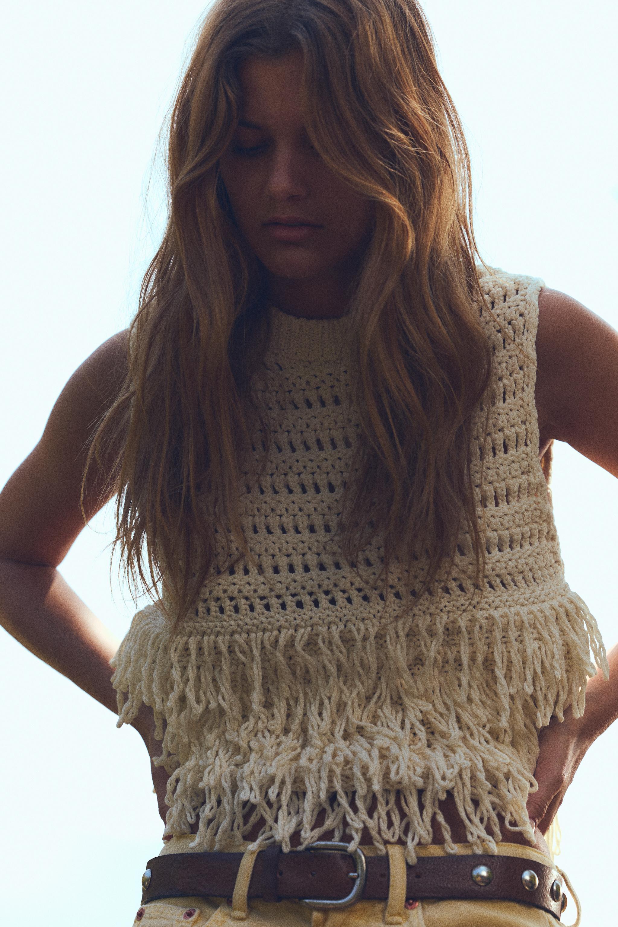 TEXTURED KNIT TOP WITH FRINGE Product Image