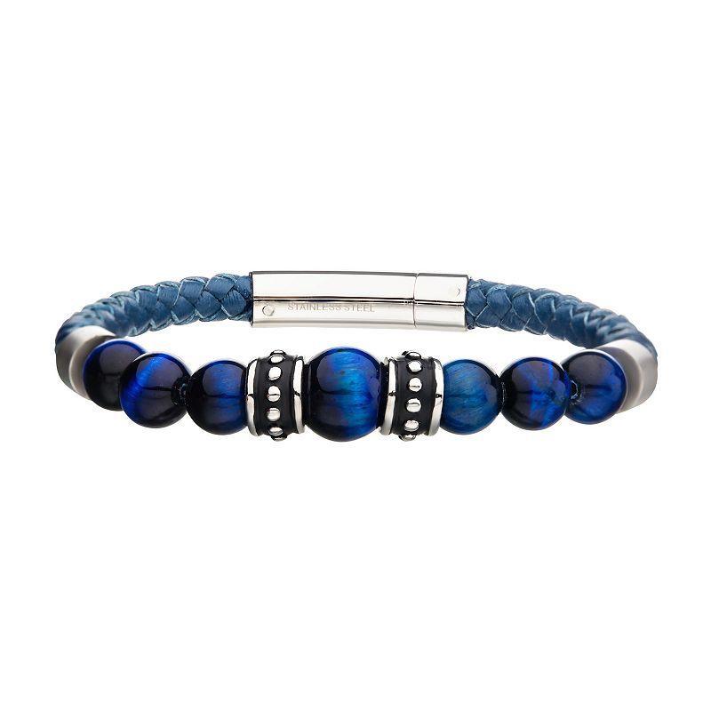 Mens Stainless Steel Blue Tigers Eye Bead & Blue Leather Bracelet Product Image