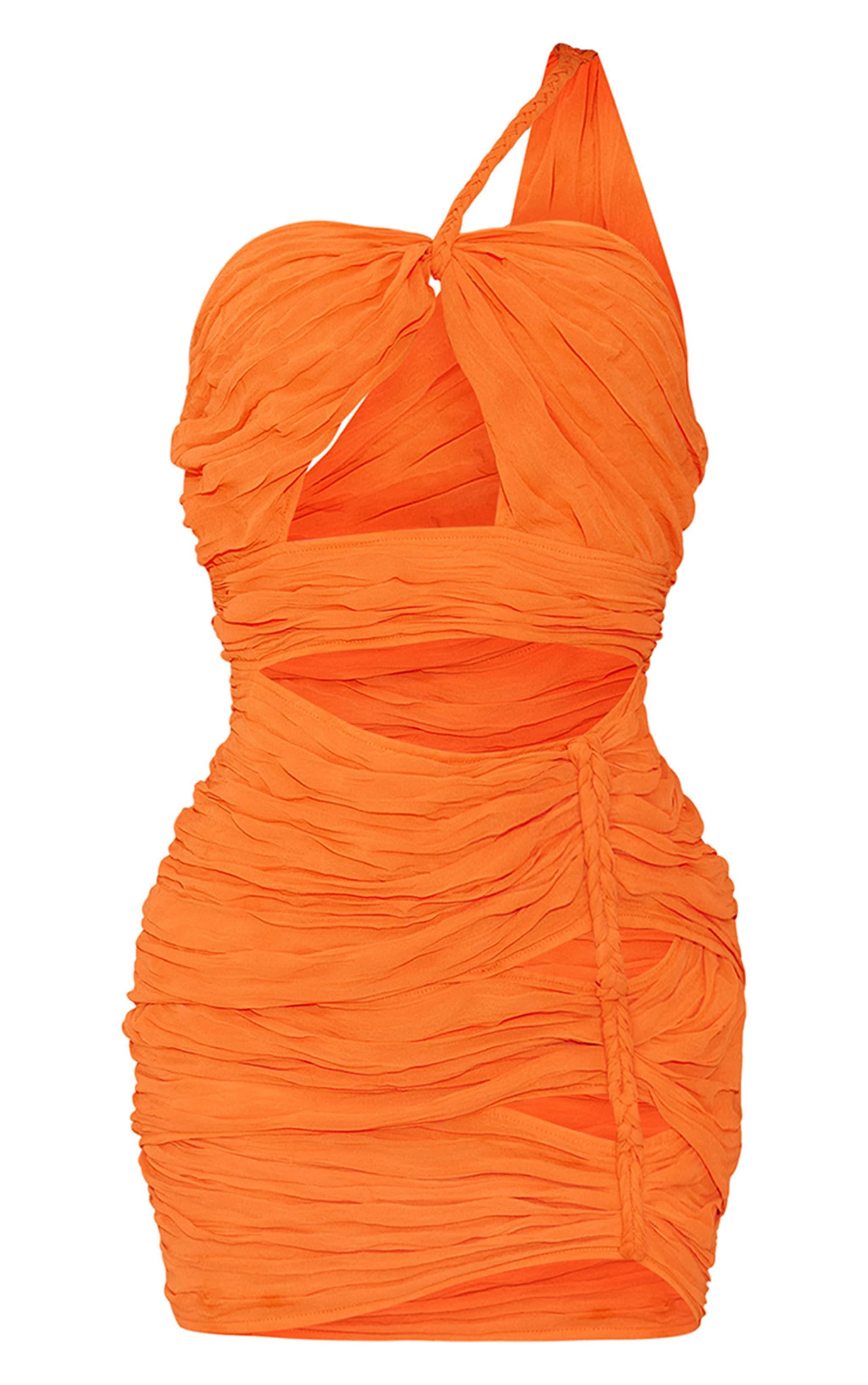 Bright Orange Chiffon Cut Out Plait Detail One Shoulder Bodycon Dress Product Image