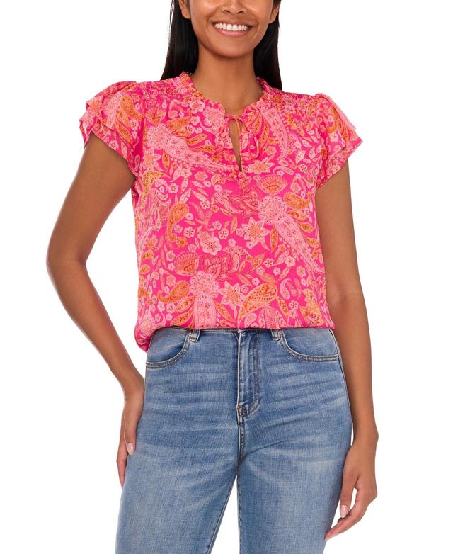 Women's Tie-Front Printed Flutter-Sleeve Top Product Image