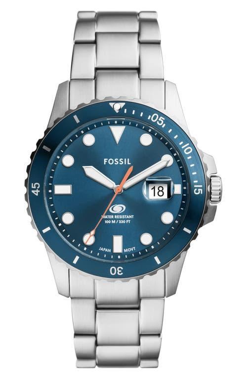 Fossil Mens Blue Dive Three-Hand Date Silver-Tone Stainless Steel Watch 42mm Product Image