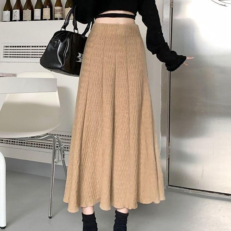 High Rise Plain Pleated Knit Midi A-Line Skirt Product Image