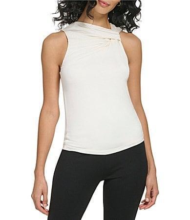 DKNY Knit Jersey Asymmetrical Neck Twisted Sleeveless Fitted Top Product Image