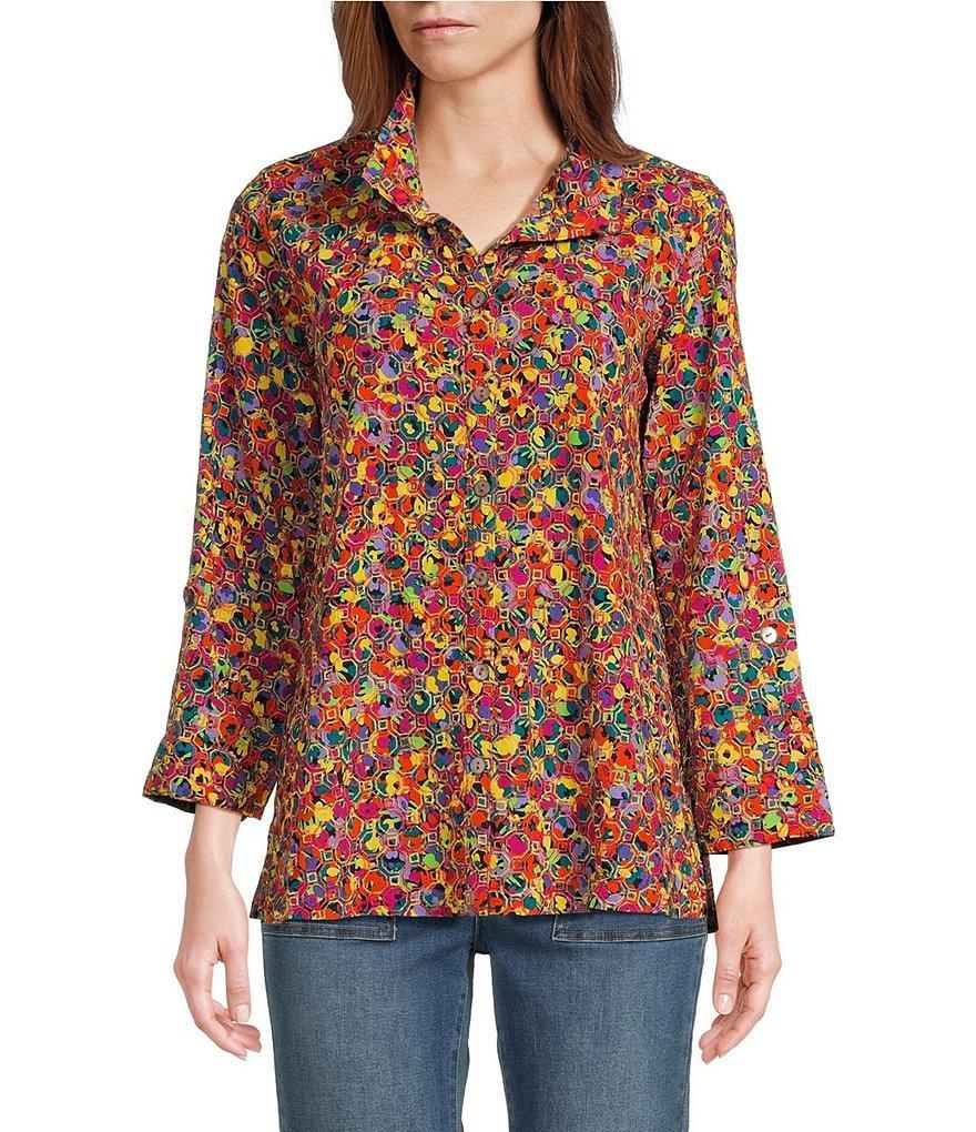 John Mark Petite Size Floral Print Point Collar Neck 3/4 Sleeve Button Front Top Product Image