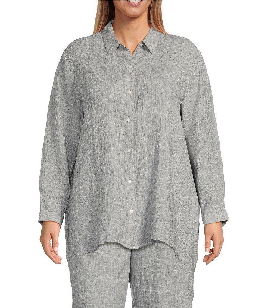 Eileen Fisher Plus Size Striped Crinkle Organic Linen Point Collar Long Sleeve Hi-Low Hem Button-Front Shirt Product Image