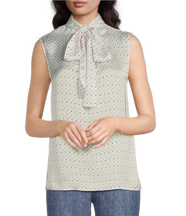 Anne Klein Satin Tie Mock Neck Sleeveless Dotted Blouse Product Image