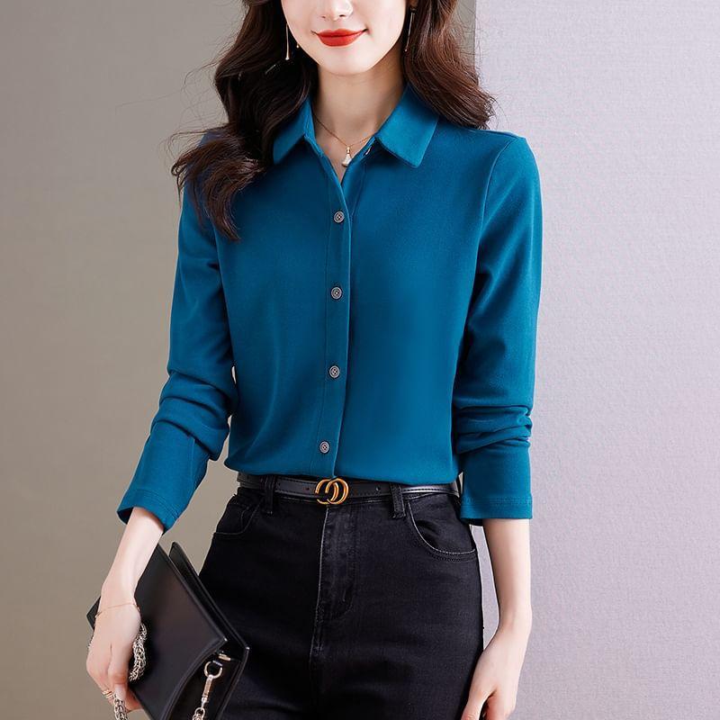 Long-Sleeve Velvet Plain Shirt Product Image