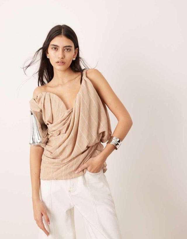 ASOS EDITION drape structure off shoulder corset top in stone stripe print Product Image