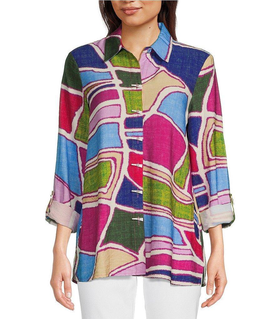 Ali Miles Woven Abstract Print Point Collar Roll-Tab Sleeve Button-Front Tunic Product Image