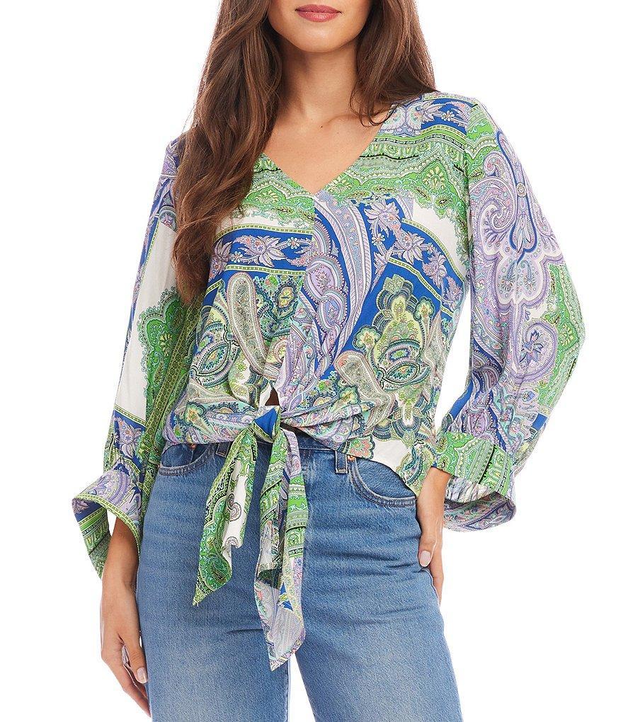 Karen Kane Paisley Print V-Neck Blouson Tie Front Blouse Product Image