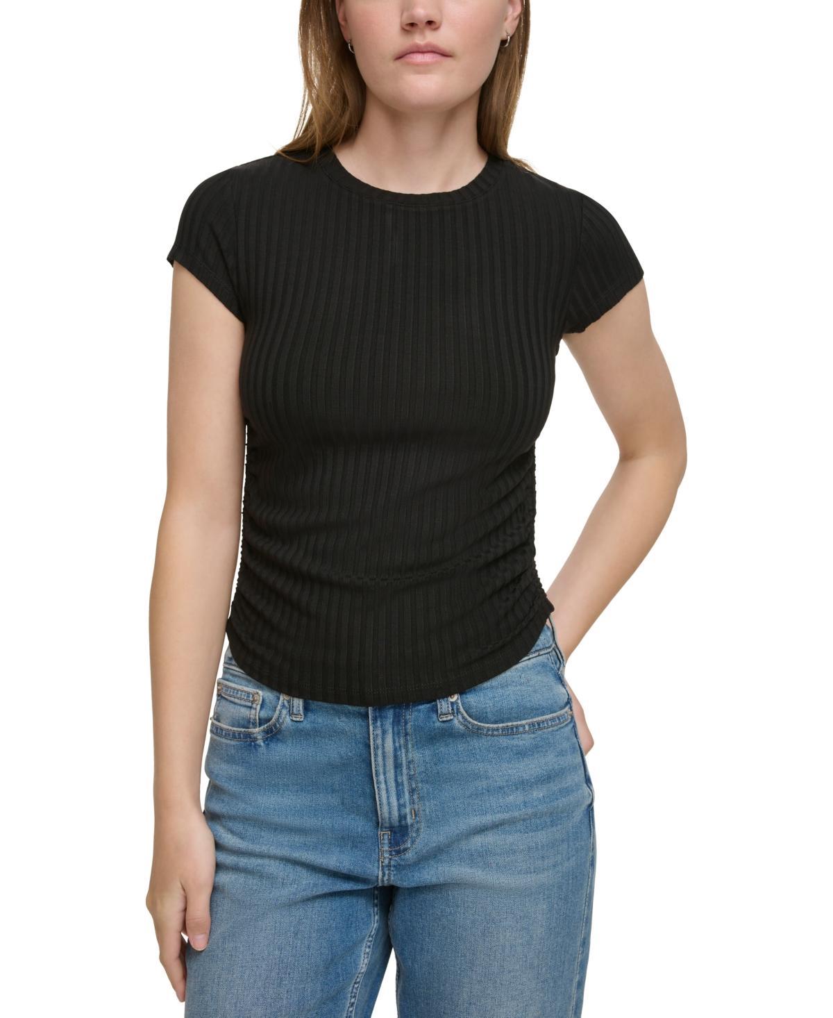 Calvin Klein Jeans Womens Short-Sleeve Side-Ruched Crop Top Product Image