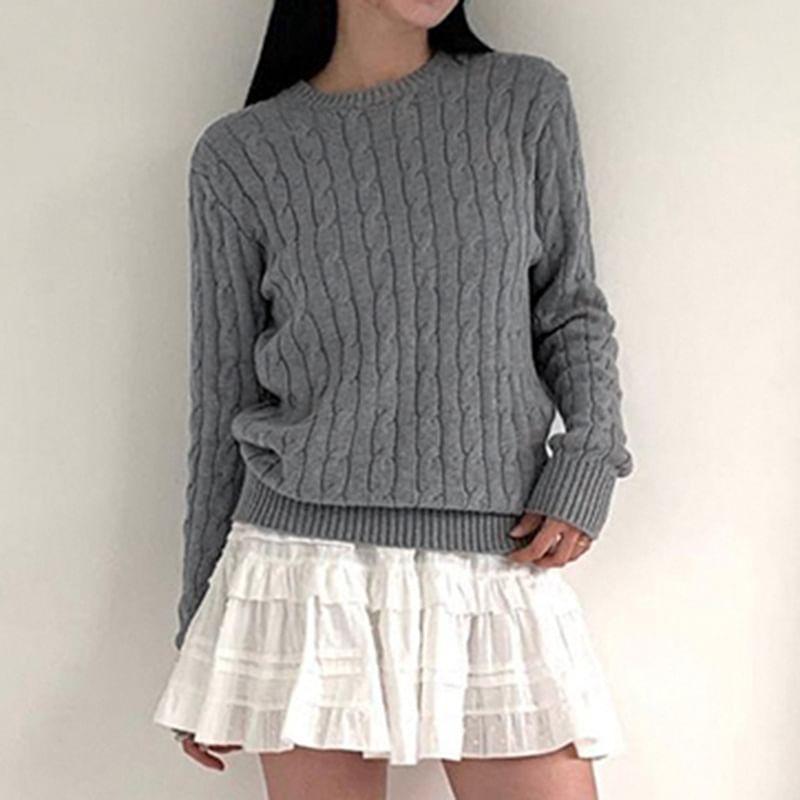 Long Sleeve Plain Cable-Knit Loose-Fit Sweater Product Image