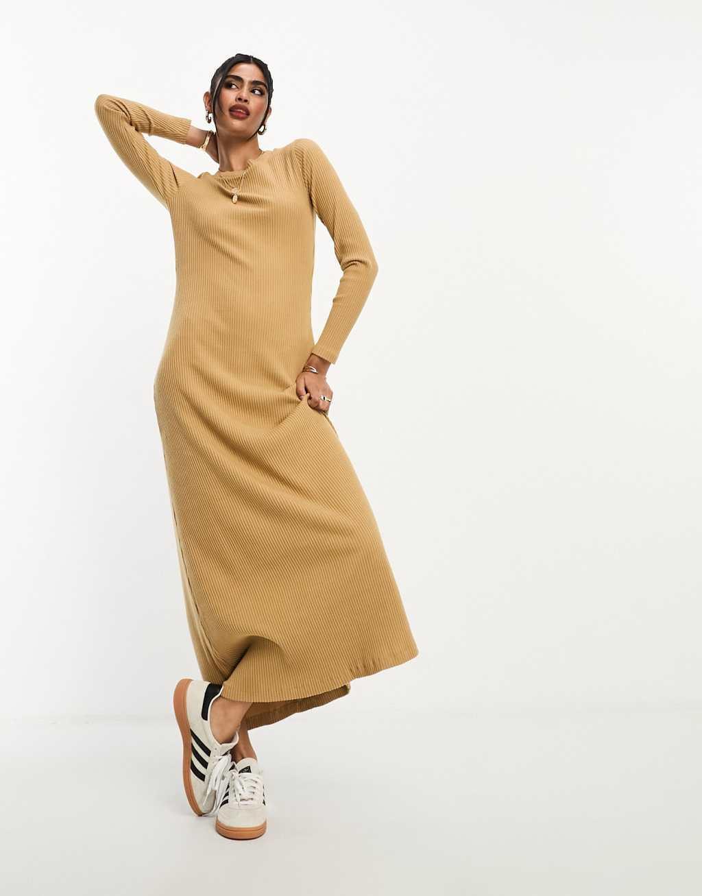 ASOS DESIGN super soft ribbed crew neck midi dress with long sleeve in camel Product Image