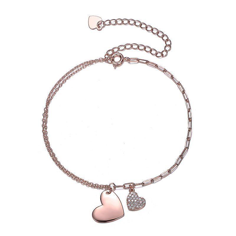 18k Gold Plated Cubic Zirconia Double Heart Charm Bracelet, Womens Pink Tone Product Image