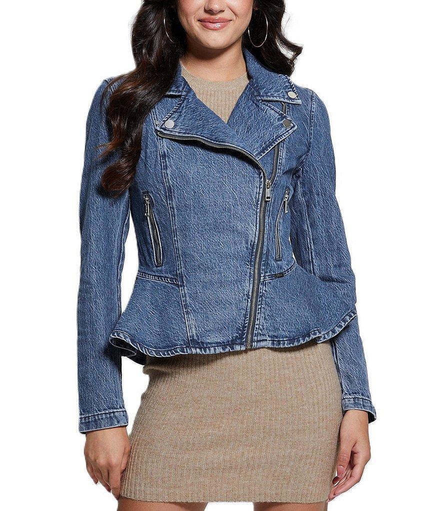 Guess Mac Long Sleeve Peplum Denim Moto Jacket Product Image