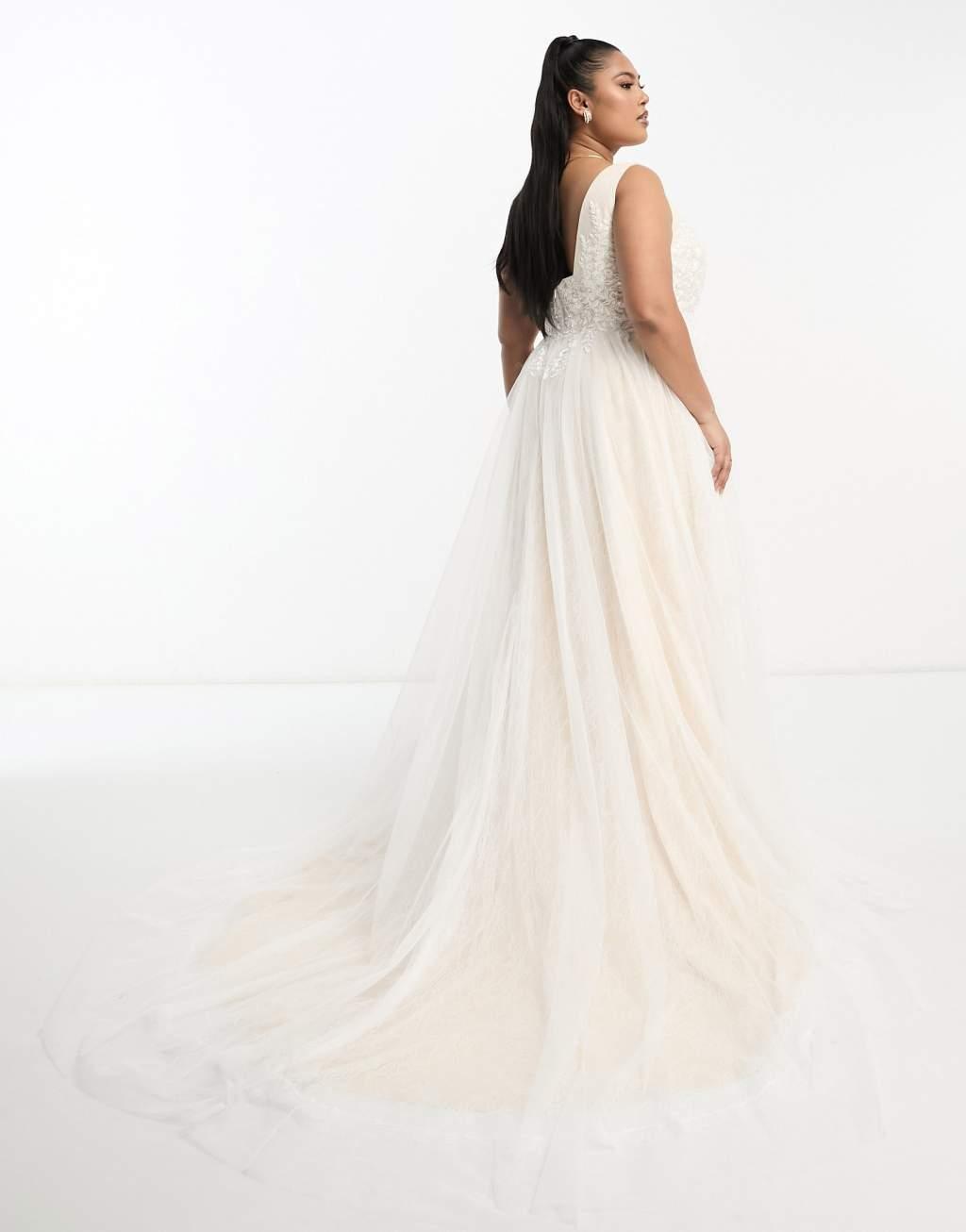 ASOS DESIGN Curve Sienna bead and embroidered plunge bodice wedding dress with lace underlay in ivory Product Image