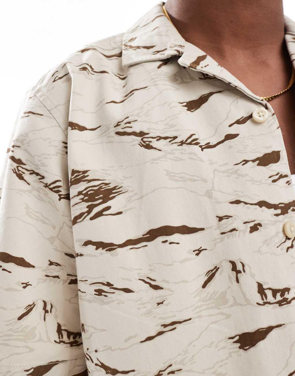 ONLY & SONS revere collar twill shirt with tiger camo print in beige Product Image