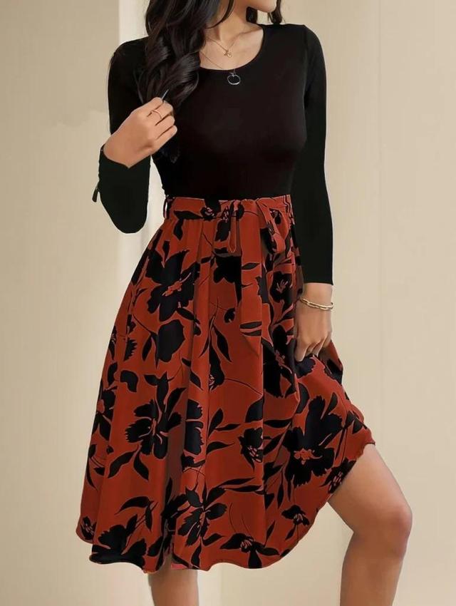 Olivia Mark –  Stylish Printed Pattern Dress featuring a Chic Round Neckline and Waist-Defining Belt Product Image