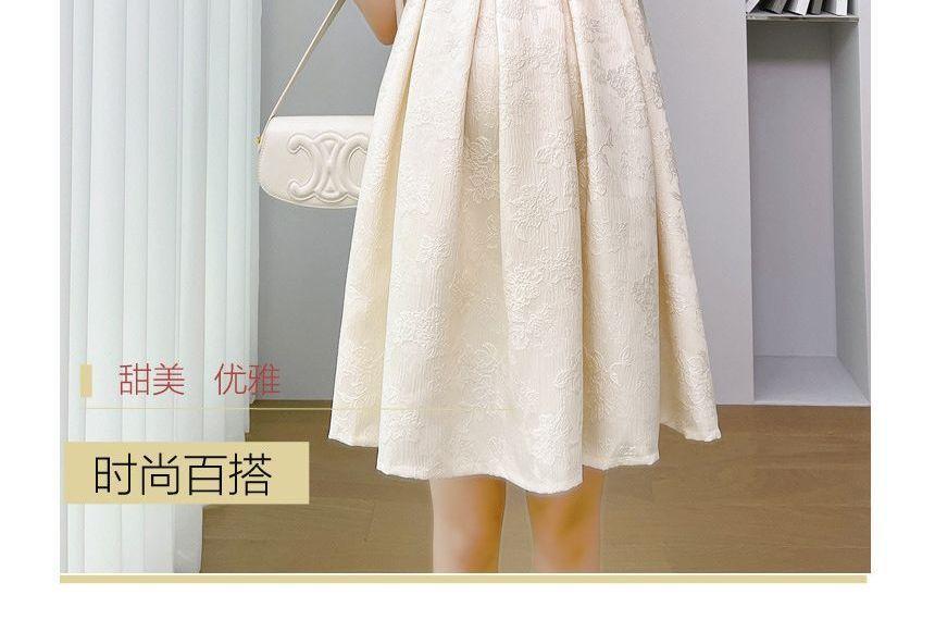 Maternity Cap-Sleeve Round Neck Jacquard Bow A-Line Dress Product Image