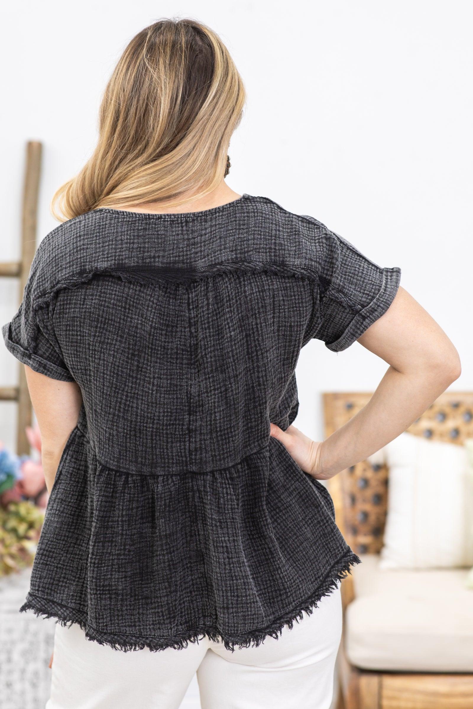 Black Washed Gauze Short Sleeve Babydoll Top Product Image