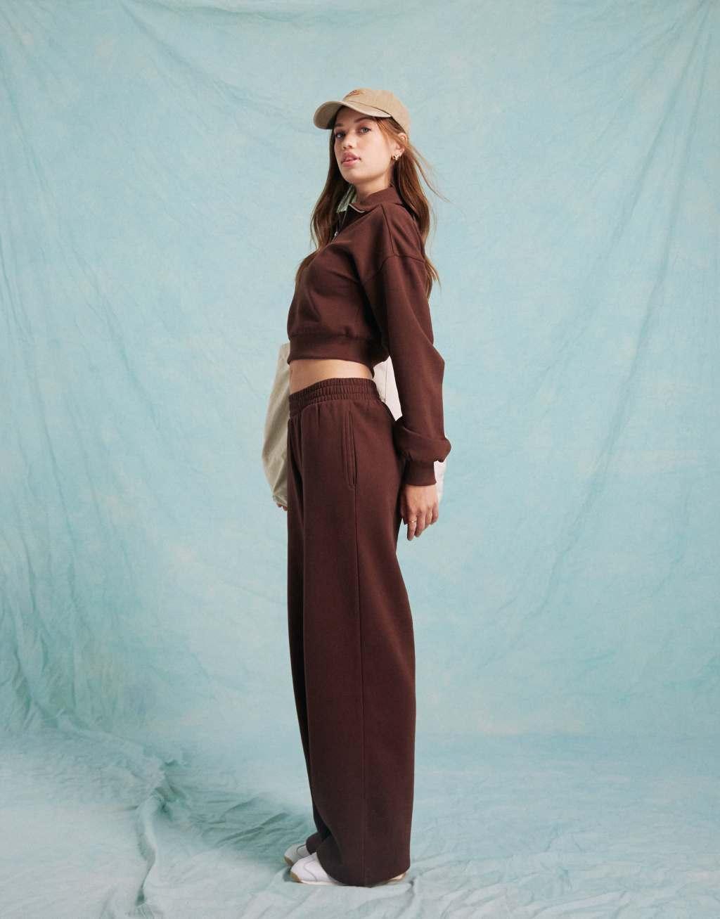 Miss Selfridge wide leg sweatpants in chocolate - part of a set Product Image