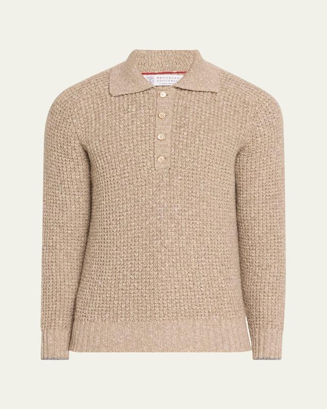 Mens Waffle Stitch Knit Polo Sweater with Long Sleeves Product Image