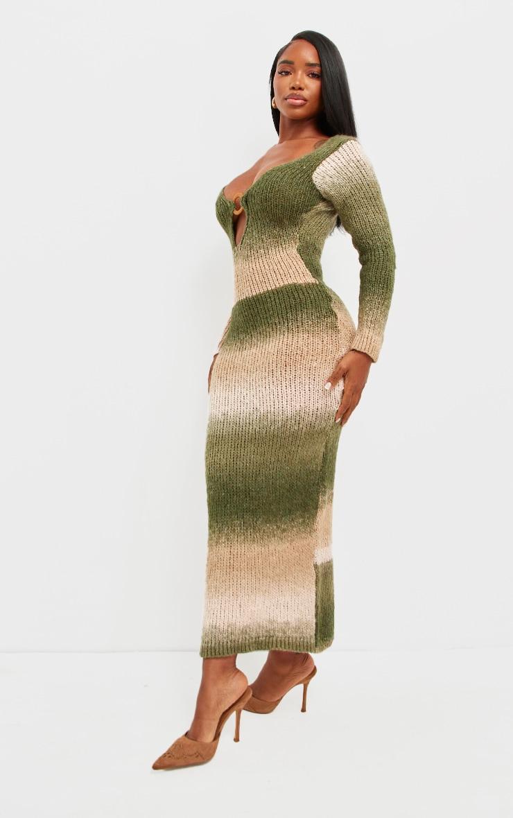 Shape Khaki Ombre Knit Plunge Ring Long Sleeve Midaxi Dress Product Image