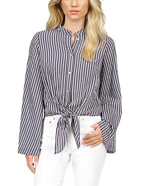 MICHAEL Michael Kors Halo Pinstripe Woven Banded Collar Long Flare Sleeve Front Product Image