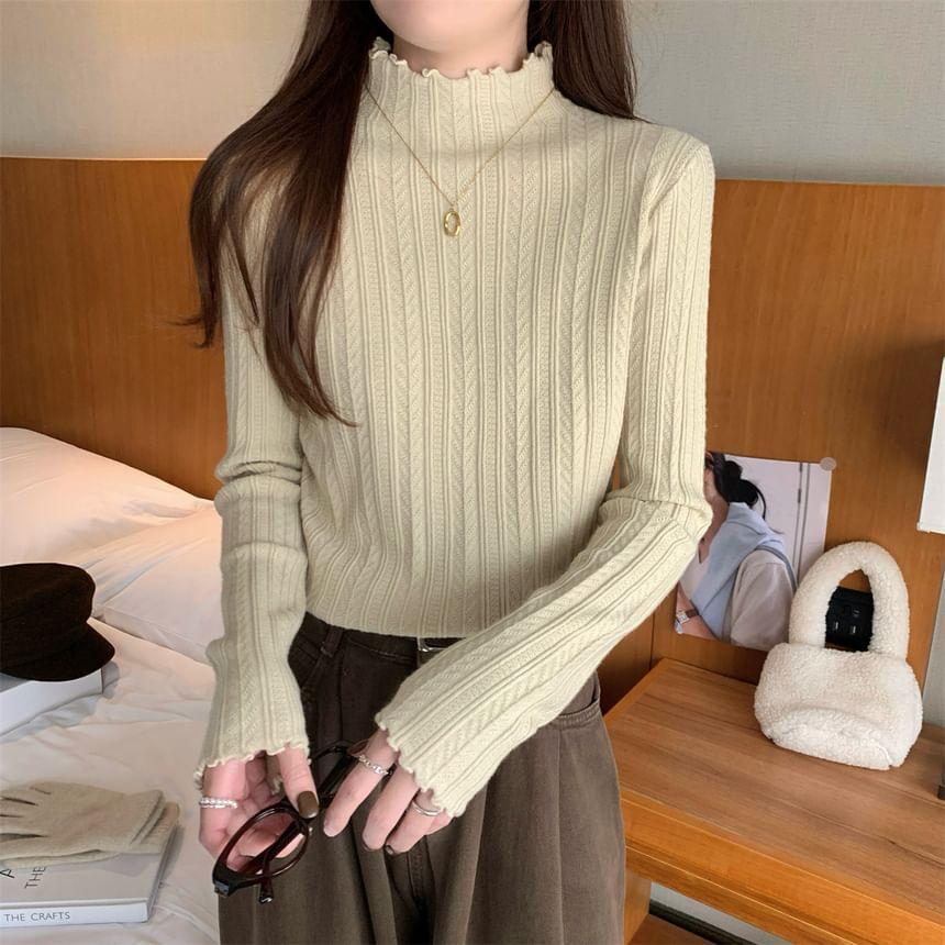 Long-Sleeve Mock Neck Plain Lettuce Edge Knit Top Product Image