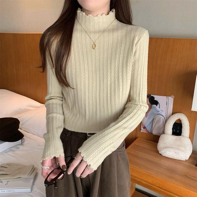 Long-Sleeve Mock Neck Plain Lettuce Edge Knit Top Product Image