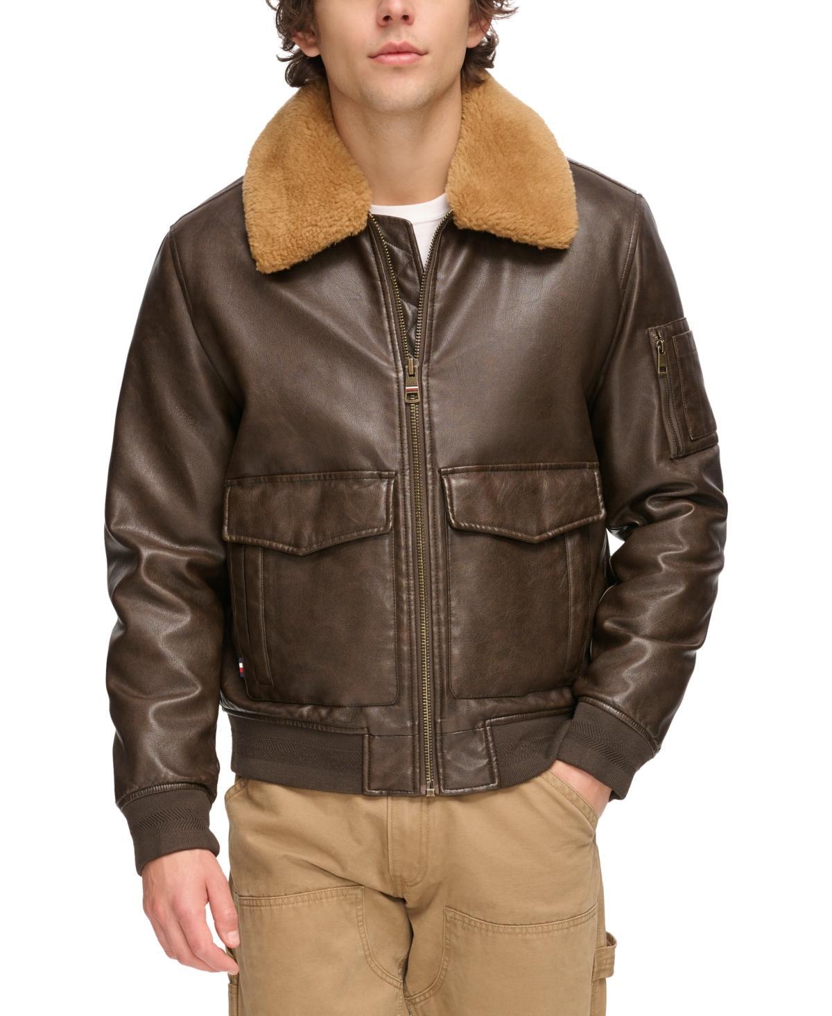 Tommy Hilfiger Mens Faux-Fur-Trim Faux-Leather Bomber Jacket Product Image