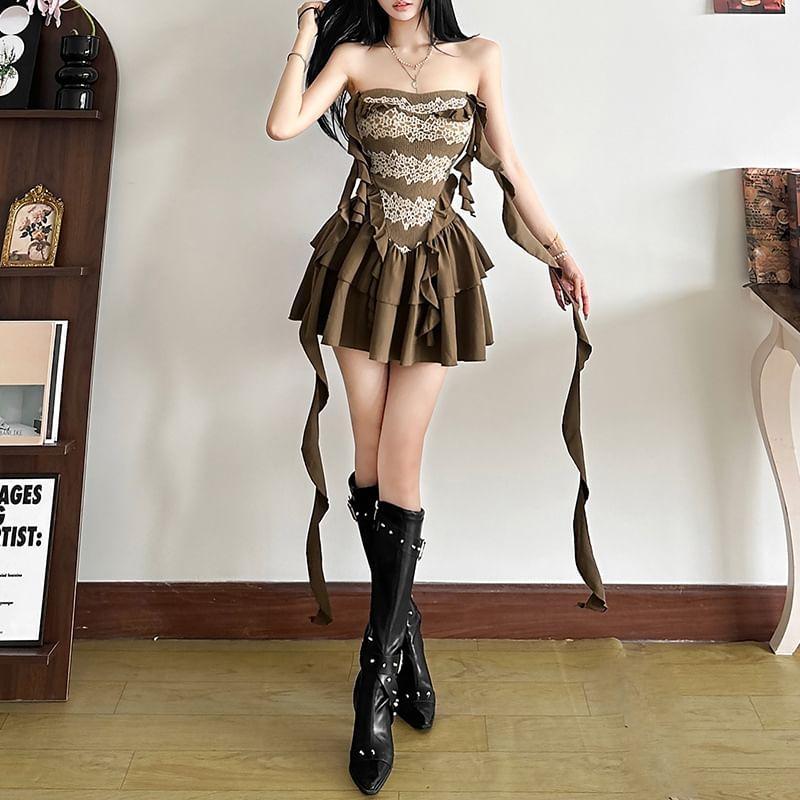 Strapless Lace Panel Ruffle Mini A-Line Layered Dress Product Image