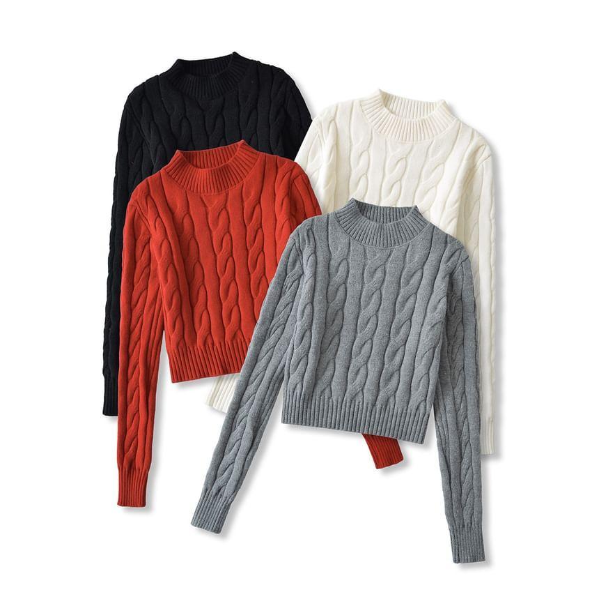 Mock Neck Plain Cable Knit Crop Sweater Product Image