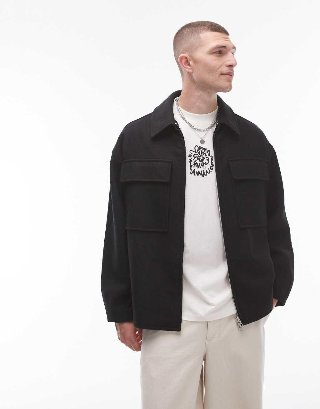 Topman double faced shacket in black Product Image