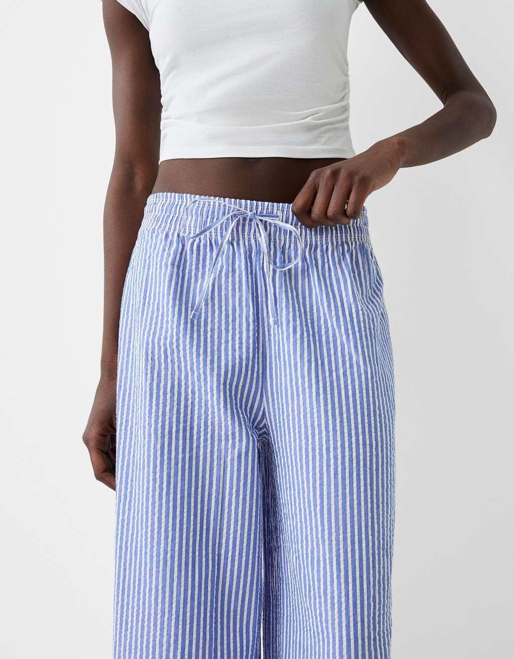 Bershka deep waistband wide leg pants in blue stripe Product Image