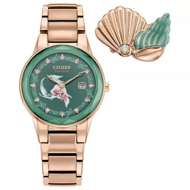 Disneys Ariel Citizen Womens Eco-Drive Rose Gold Tone Stainless Steel Crystal Accent Green Dial Bracelet Watch & Pin Box Set Rosegold Product Image