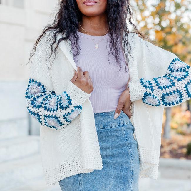 Be Better Ivory and Blue Crochet Sleeve Hooded Cardigan  FINAL SALE Product Image