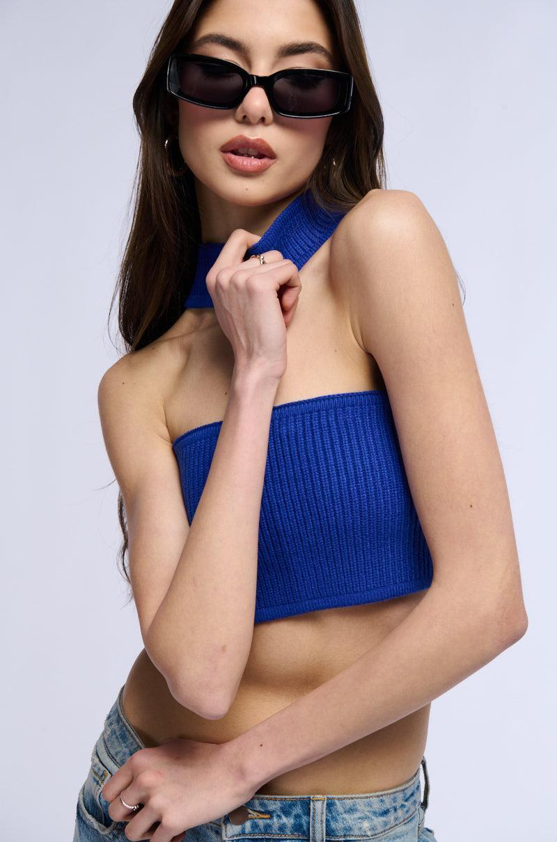 DOLLED UP KNIT BANDEAU TOP IN BLUE Product Image