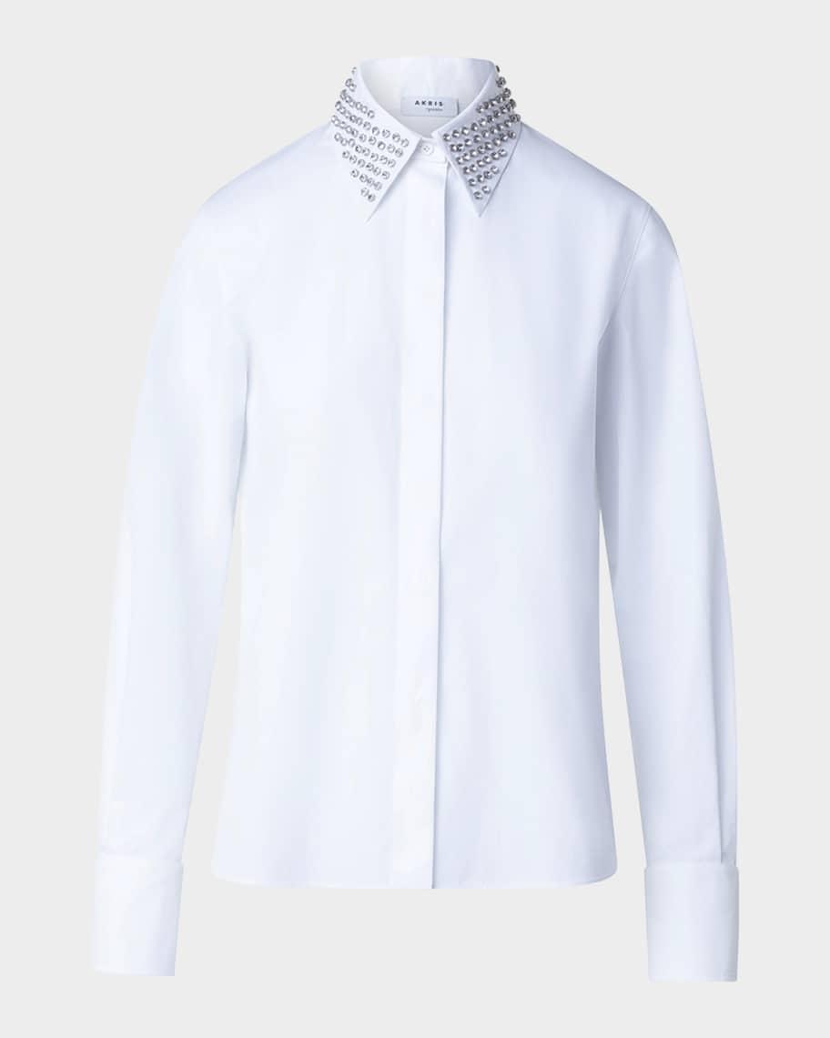 Cotton Poplin Button-Front Blouse with Detachable Crystal and Studs Collar Product Image