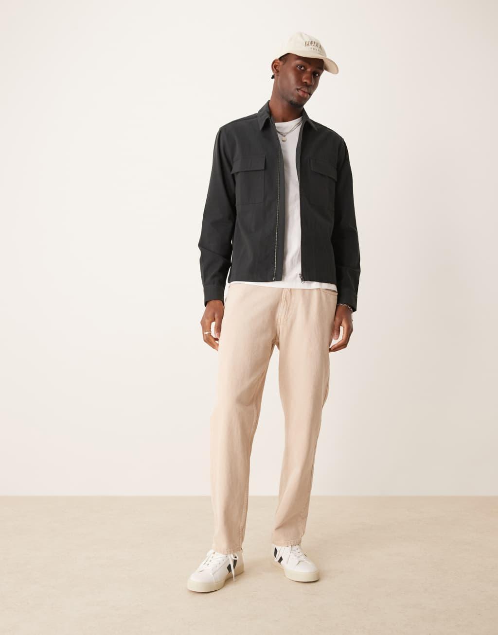 ASOS DESIGN boxy overshirt with front zip in black Product Image