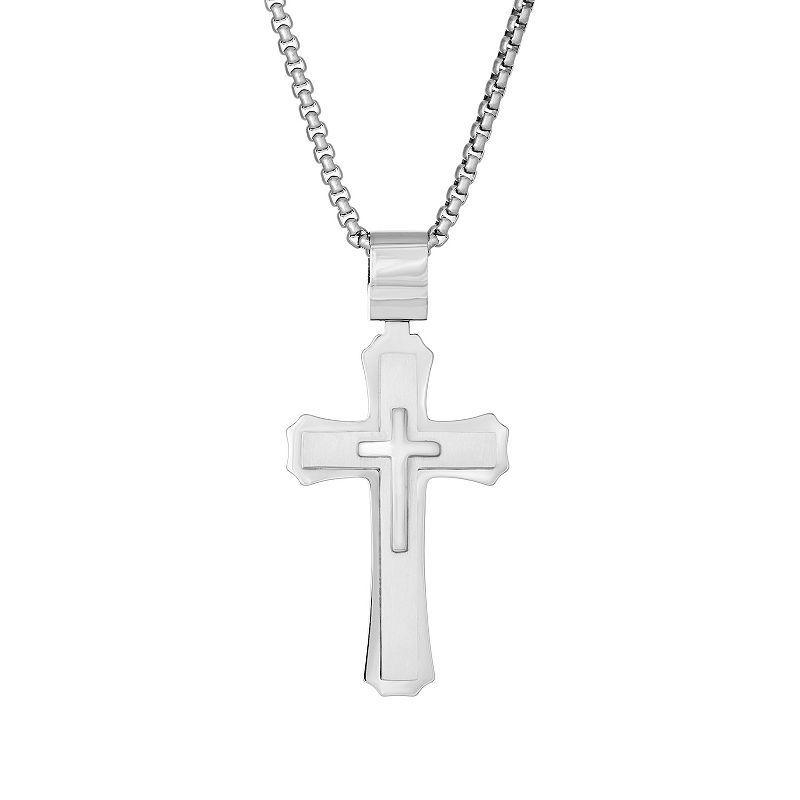 LYNX Mens Stainless Steel 3-Layer Cross Pendant Necklace White Product Image