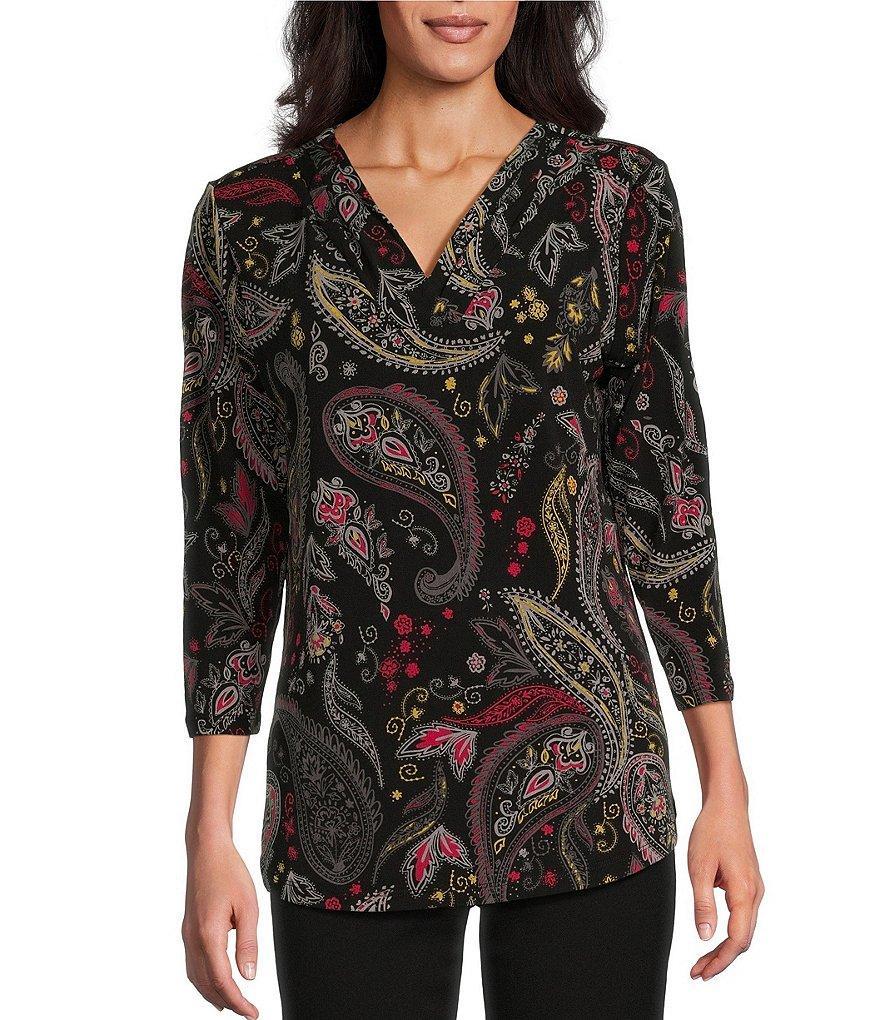 Allison Daley Petite Size Red Black Paisley Print 3/4 Sleeve V-Neck Pleated Knit Top Product Image